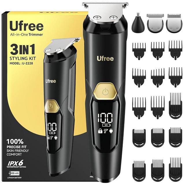 Ufree 3-in-1 Beard Trimmer for Men, Valentine Gifts for Men, IPX6 Waterproof Men's Electric Razor Shaver for Mustache, Professional Hair Trimmer Clippers, Type-C Body Grooming Kit