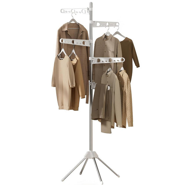 CASAMAYA Clothes Drying Rack Foldable, 70.9 inch Tripod Drying Rack for 35 Pieces of Clothes, with Height-Adjustable Rotatable Clothes Rails, Space Saving, Stainless Steel, White and Silver CDR005W01