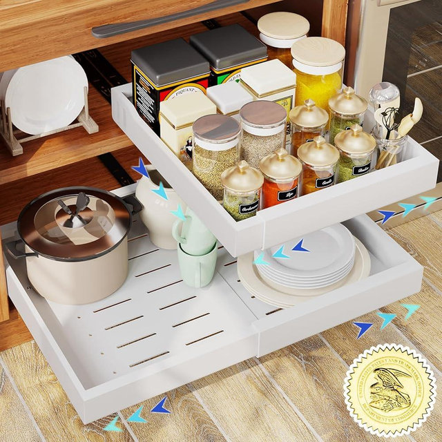 Gracenal Pull Out Cabinet Organizer, Kitchen Organizers and Storage 16.5" DEEP Expandable Width 12.5" - 19.7", Heavy Duty & 3 Trails, No-Nail Sticker Bathroom Kitchen Organization and Storage 1 Pack