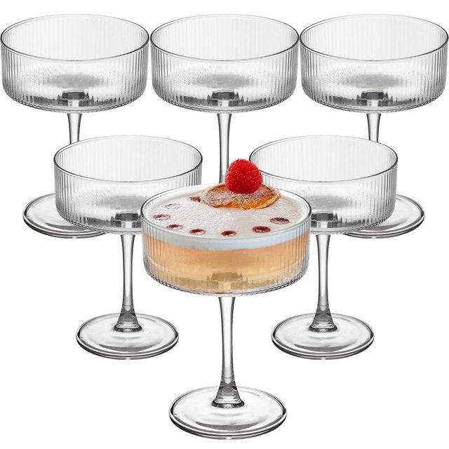 Martini Glasses Set of 6,Vintage Champagne Cocktails Glasses,10.5 Ounces Large Clear Ribbed Coupe Drinking Wine Glasses Goblet,Margarita Glasses for Bar,Dessert,Cocktail Glassware Gift Set Luxury
