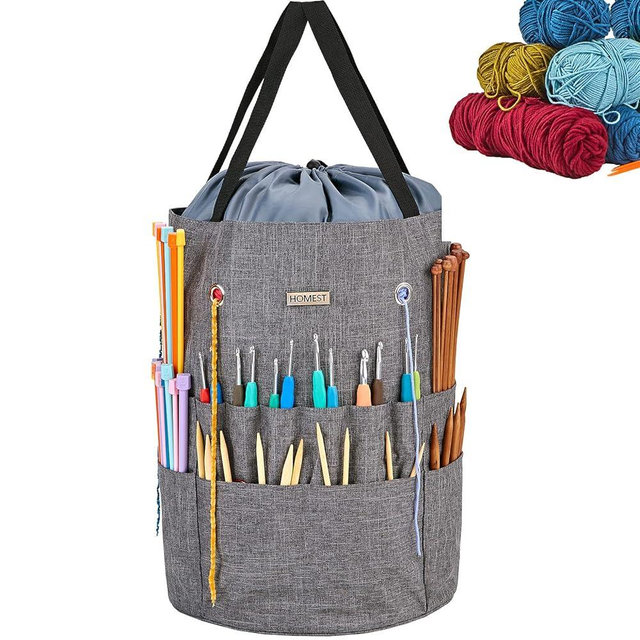 HOMEST Large Crochet Bag with Customized Front Compartment for Knitting Accessories, Yarn Storage with 6 Oversized Grommets, Tote Organizer with Drawstring Closure, Gray