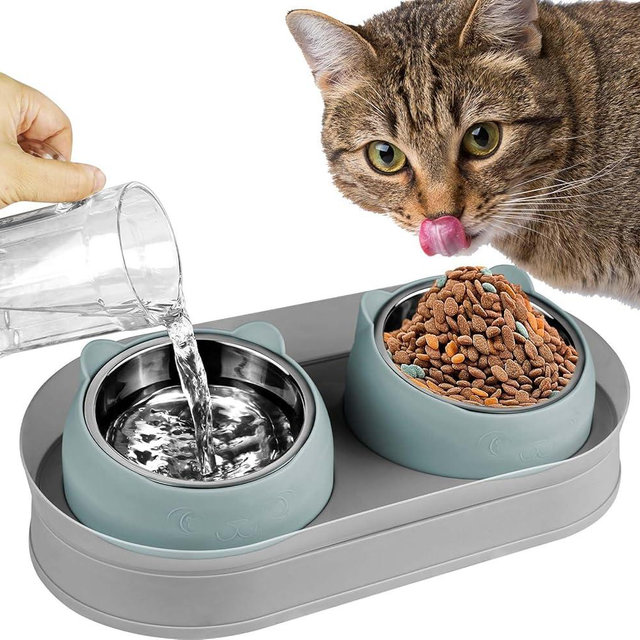 KEVIDEAWL Elevated Cat Food Bowls, Raised Bowl with Stand, Stainless Steel, Tilted Anti Vomiting, Double Food and Water Bowl Set (Gray Blue)