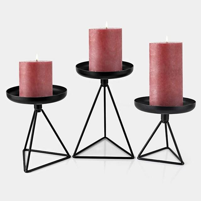 Bikoney Candle Holder for Home Decor Candleholder for Pillar Candle Metal Geometric Candlesticks Set of 3 Black 7.25", 5.5", 4.5"