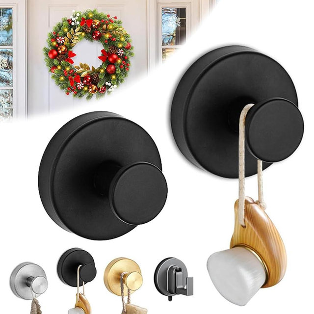 2025 Upgraded Suction Cup Hooks for Shower,No Drill Wall Mounted Towel Hooks for Bathroom Walls,Reusable Wreath Hanger for Front Door,Christmas Thanksgiving Fall Decor,Bathroom Towels (Black 2Pcs)