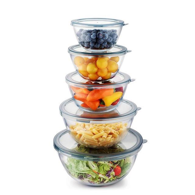 Cuiselect 5pc Glass Mixing Bowls with Lids Set (4.65QT, 2.80QT, 1.64QT, 1.16QT, 0.85QT), Nesting Salad Bowl, Large Glass Mixing Bowl for Cooking, Baking, Prepping-Dishwasher Microwave Freezer Safe