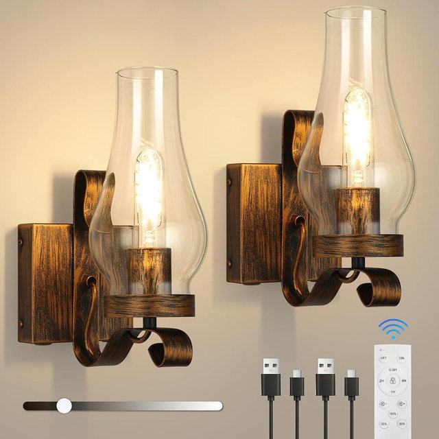EIDEARAY Battery Operated Wall Sconces, Rustic Wall Lights Sets of 2, Non-Hardwired Antique Kerosene Wall Lamps, Vintage Bedside Gold Wall Sconces with Remote for Living Room, Bedroom, Hallway etc