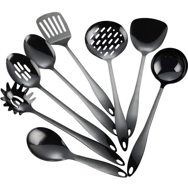 Kelendle 8 Piece Stainless Steel Kitchen Utensil Set Black Nonstick Cooking Utenisls Titanium Plated Kitchen Tools Gadgets Slotted Spatula Spoon Turner Ladle Dishwasher Safe
