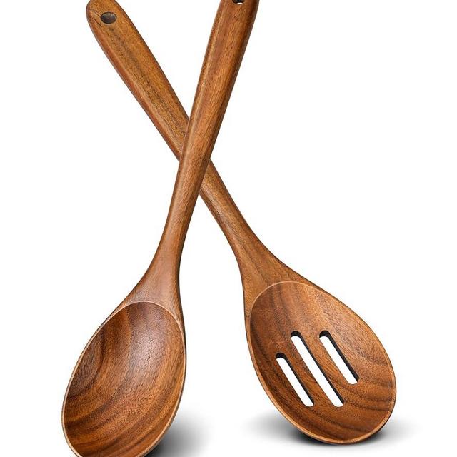 2Pcs Wooden Spoons for Cooking, Natural Premium Teak Wooden Spoon & Slotted Spoon, Good Grip Large Cooking Spoons Spatula, Heat Resistant Wooden Kitchen Cooking Utensils Set for Nonstick Cookware