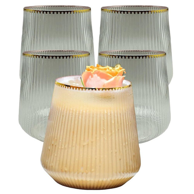32 Count origami ripple Unbreakable Stemless Plastic Wine Champagne Whiskey Glasses Elegant Durable Disposable Indoor Outdoor Ideal for Home, Office, Bars, Wedding, Ribbed 12 Ounce Cups (Gold Rim)