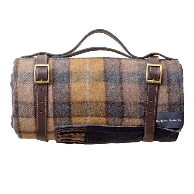 The Tartan Blanket Co. Recycled Wool Buchanan Natural Tartan Waterproof Picnic Blanket with Leather Strap - Brown (55" x 75")