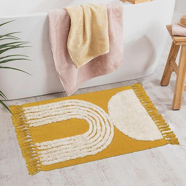 Uphome Boho Bathroom Rugs 2' x 3' Cotton Abstract Art Entryway Rug Yellow Modern Washable Small Rug with Tassels Minimalist Rainbow Line Tufted Throw Rugs for Bedroom Kitchen Sink