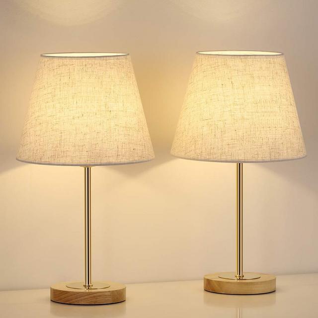 Table Lamps for Bedrooms, Gold Desk Lamp with Linen Shade, Modern Wood Bedside Lamp for Dressers, Coffee Table, Living Room, College Dorm (Set of 2)