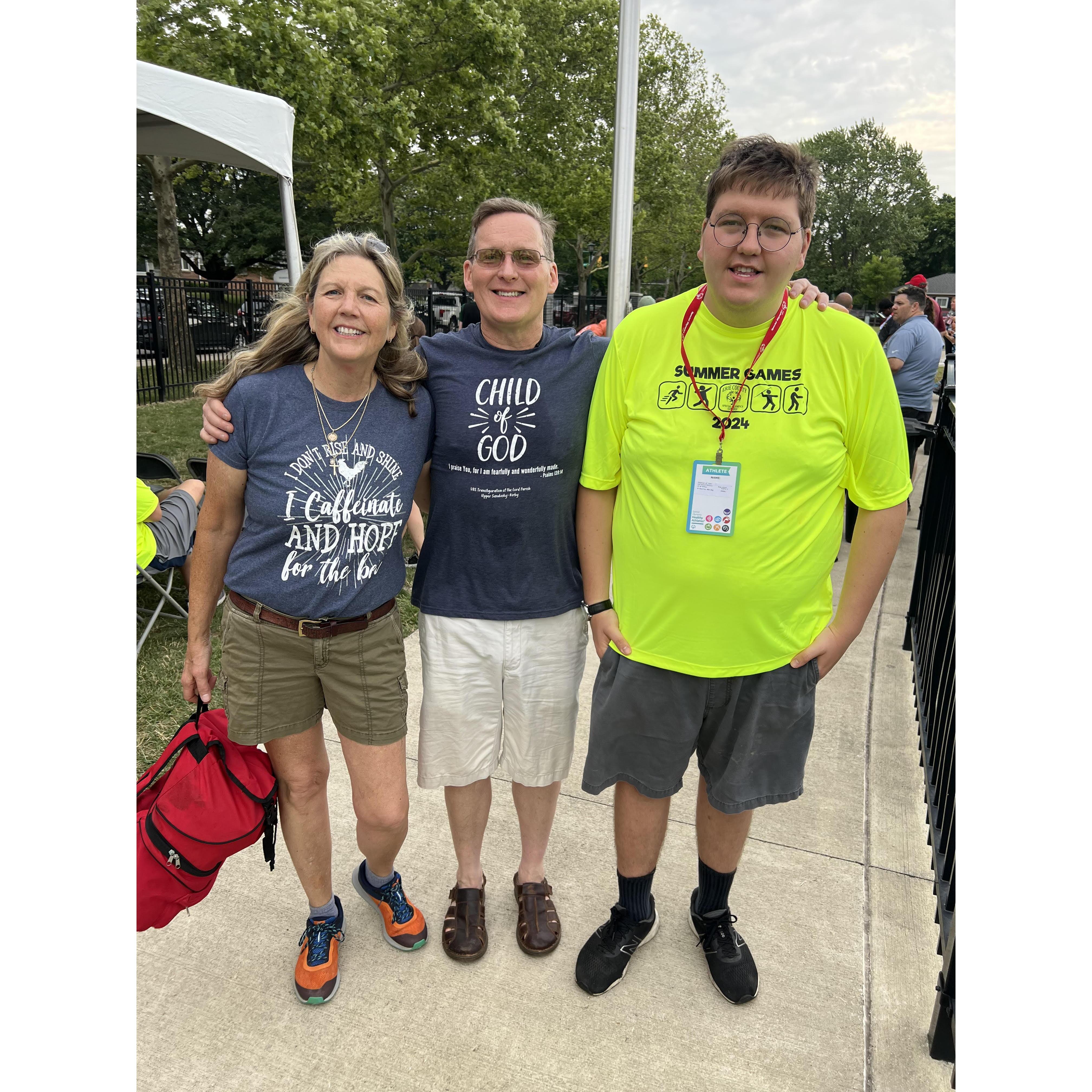 June 29th I had invited myself to watch John compete in the shotput and 100 meter dash. I have not forgotten that next year we need to get him shorts with a good drawstring tied tight. Lol