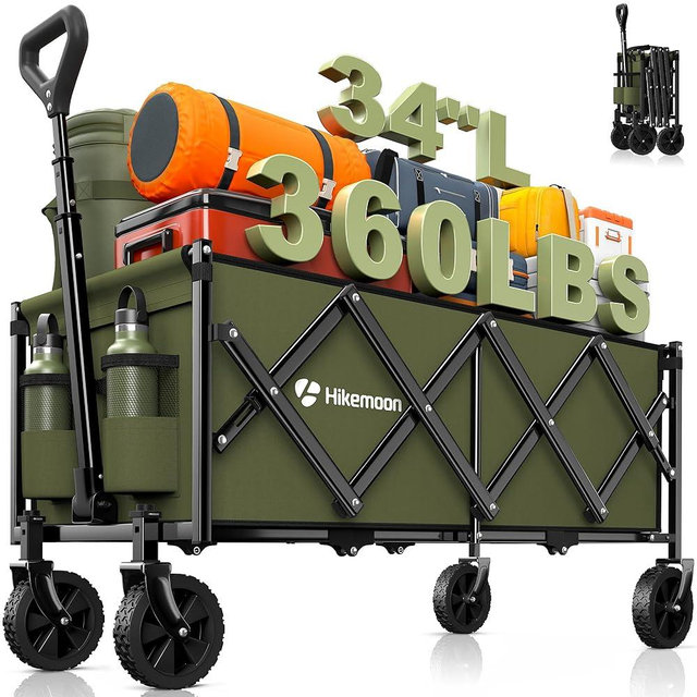 Hikemoon 34'' Extra Long Collapsible Wagons Carts Foldable, 360LBS Heavy Duty Folding Beach Wagon with Wheels, Portable Utility Outdoor Cart for Grocery, Garden, Sports, Camping, Green