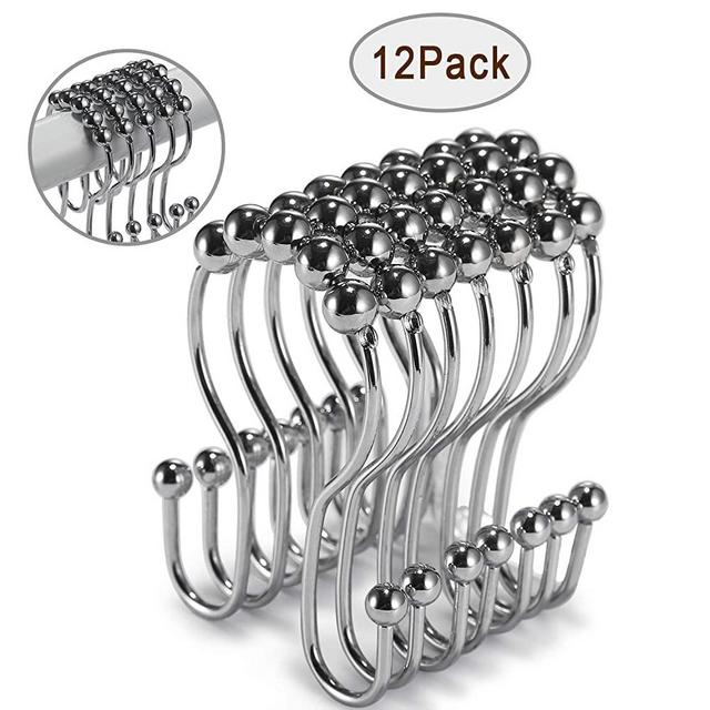 Goowin Shower Curtain Hooks 12PCS Shower Curtain Rings, Stainless Steel Roller Rust-Resistant Balance Sliding Anti-Drop Double Head Shower Hooks Rings for Bathroom Shower Rods Curtains (Chrome)