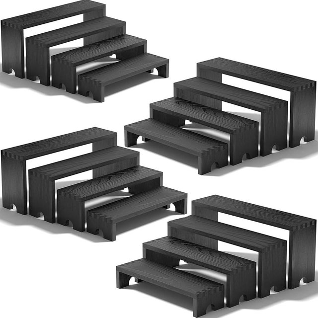4 Set Large Black Wooden Tiered Riser Display Stands for Vendor Events,Stackable Wooden Cupcake Stand,Farmhouse Decor Wood Dessert Table Display Set,Vendor Booth Display Items,Food Display Risers for Party（12-11.2-10.4-9.6IN）