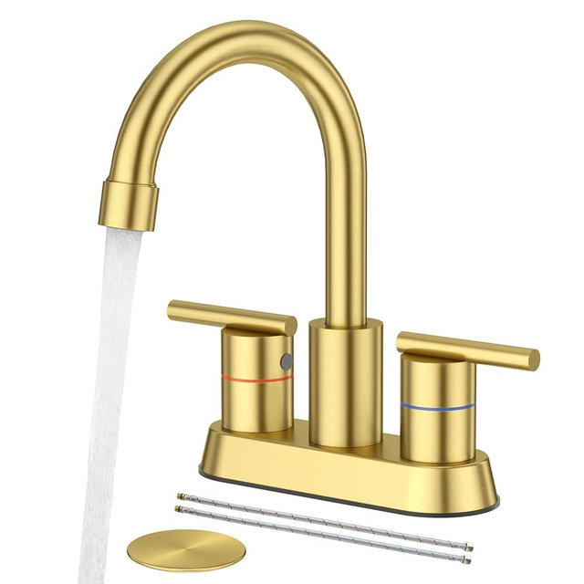Faustina Brushed Gold Bathroom Faucet, 4 Inch Centerset Faucets for Sink 2 Holes 3 Holes，Two Handles 304 Stainless Steel Faucet with Pup up Drain Assembly and 2 Water Supply Lines for RV Vanity