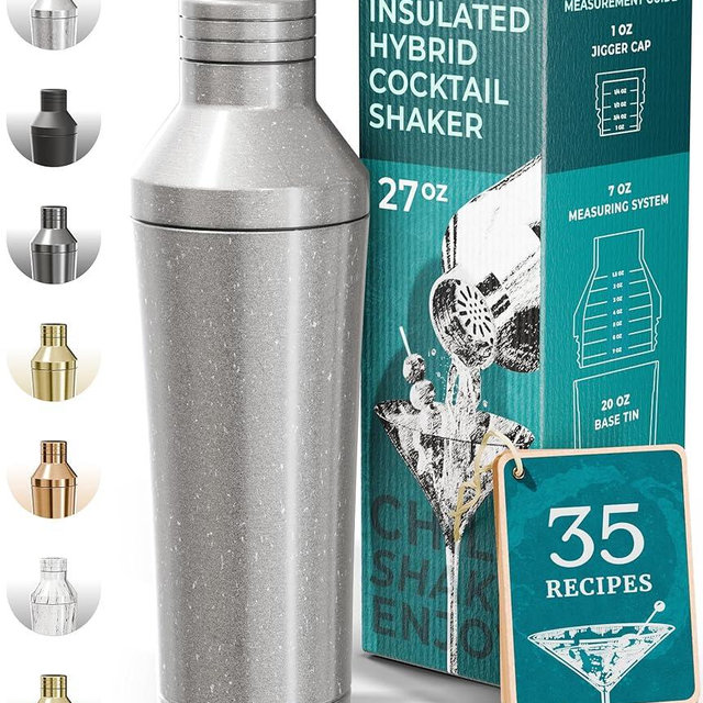 BARE BARREL Insulated Cocktail Shaker Set | Double Wall Stainless Steel | Martini Shaker for Home Bar Bartending | Built-in Drink Measure System & Strainer, Travel Bag, Recipes | Gift Set (A. Silver)