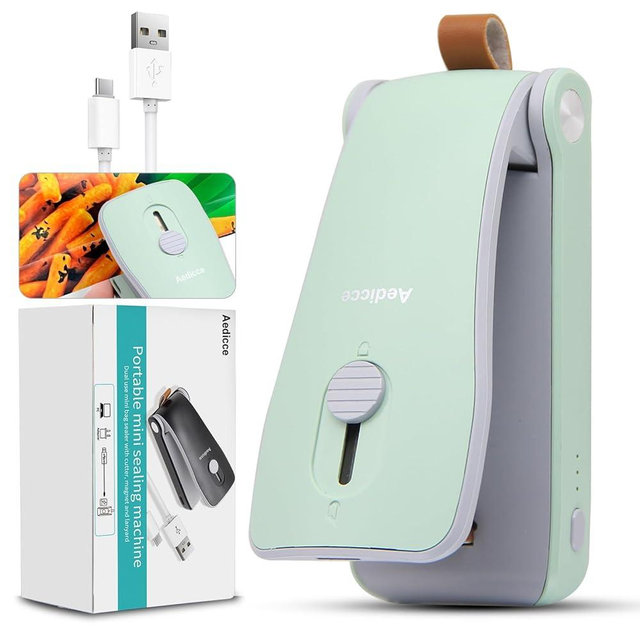 Mini Bag Sealer, USB Rechargeable Chip Bag Sealer Heat Seal, 2 in 1 Bag Sealer Heat Seal with Cutter, Portable Bag Resealer for Plastic Bags Snacks & Food Storage(Green)