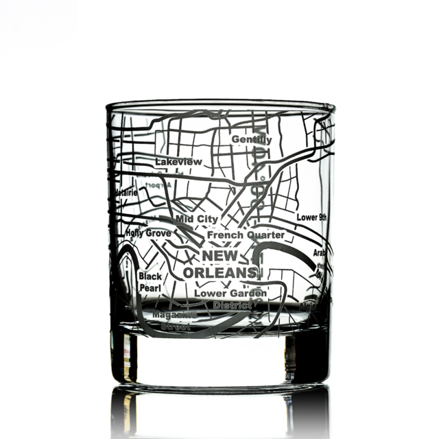 New Orleans Etched Street Grid Whiskey Glasses