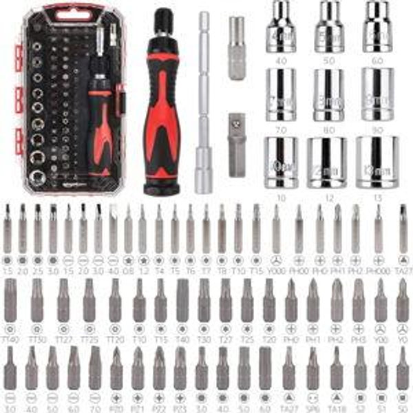 Amazon Basics Magnetic Ratcheting Wrench and Electronics Precision Screwdriver Tool Set, 73-Piece, with Carry Case for Household Repair, Small Jobs, Eyeglasses, Black/Red/Silver