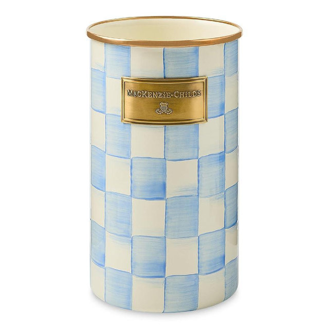 MACKENZIE-CHILDS Enamel Utensil Holder, Stylish Kitchen Countertop Organizer, Light-Blue-and-White Sky Check