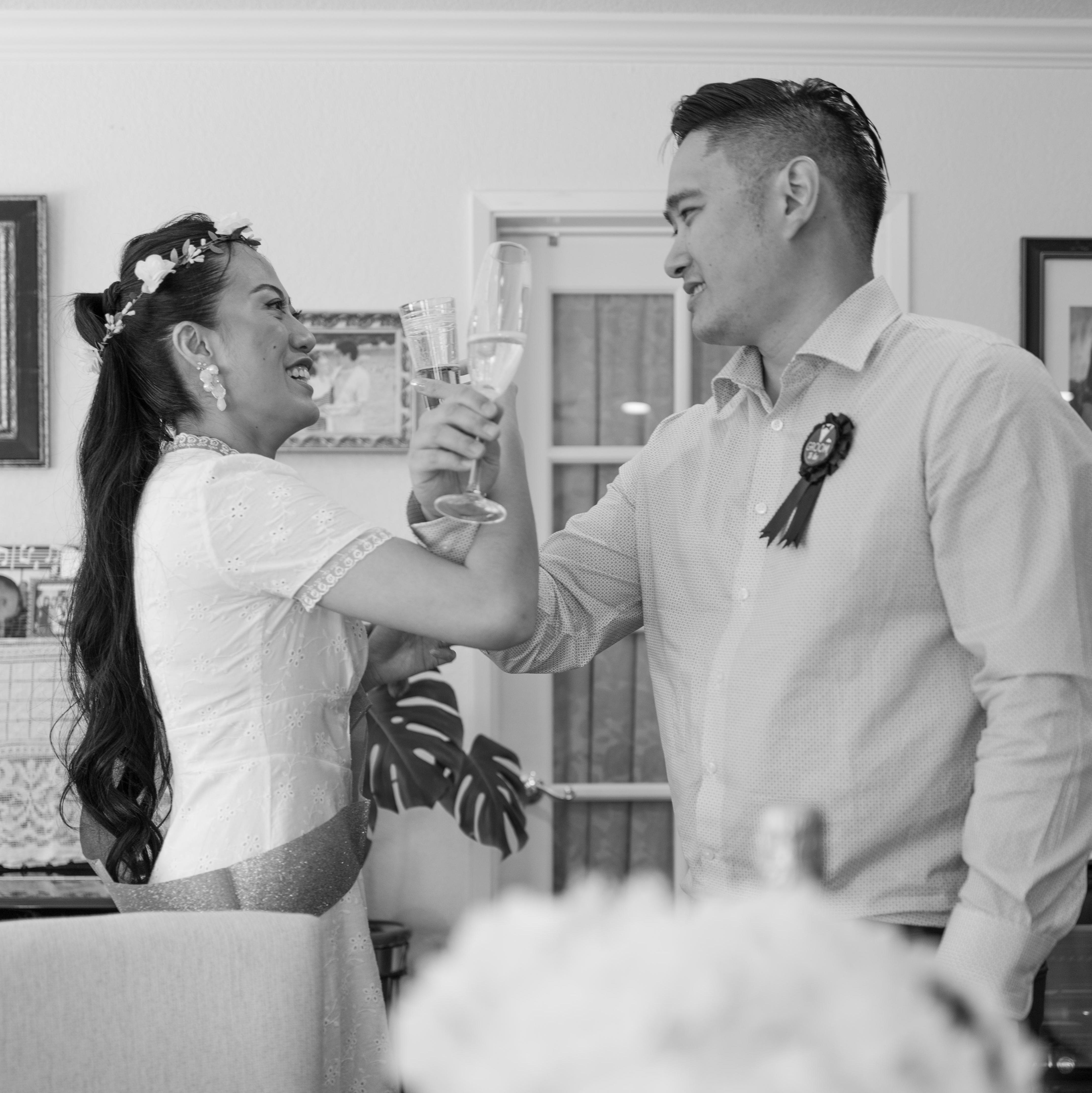 Marriage officiated by friends and witnessed by family.