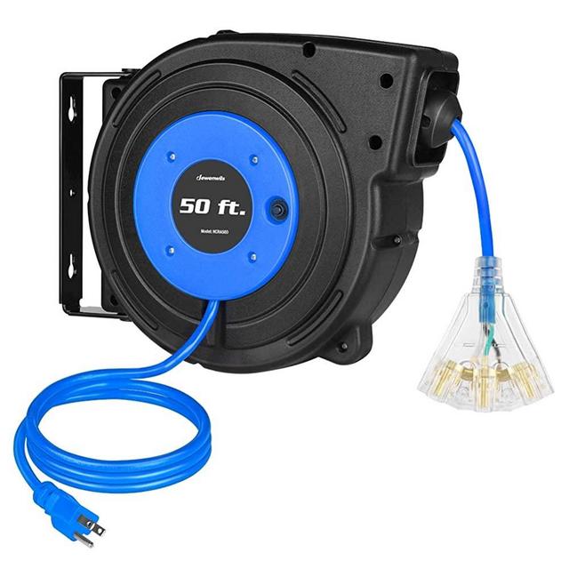 DEWENWILS Retractable Extension Cord Reel, 50FT Electric Cord Reel with 14AWG/3C SJTOW, 13A Circuit Breaker, Wall/Ceiling Mounted, 3-Lighted Triple Outlets, UL Listed, Blue