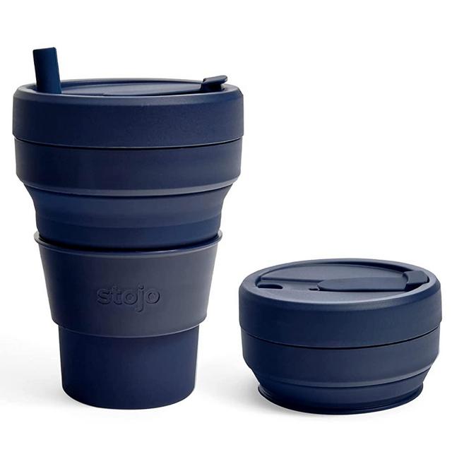 Stojo Titan Collapsible Travel Cup With Straw - Denim Blue, 24oz / 710ml - Reusable To-Go Pocket Size Silicone Cup for Hot & Cold Drinks - Camping and Hiking - Microwave & Dishwasher Safe