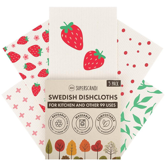 SUPERSCANDI 5 Pack Swedish Dishcloths for Kitchen - 100% Biodegradable & Compostable | Reusable Paper Towels Washable, Food-Safe & Without Plastic - Dish Rags Suitable for Any Surface | Strawberries
