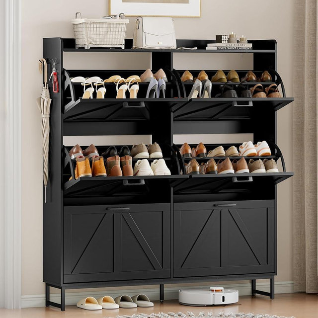 Wodeer Shoe Cabinet Storage for Entryway, Shoe Storage Cabinet with 6 Flip Drawers, Freestanding Narrow Shoe Rack Organizer with Metal Legs, Adjustable Shelves & Open Storage for Foyer, Hallway, Black
