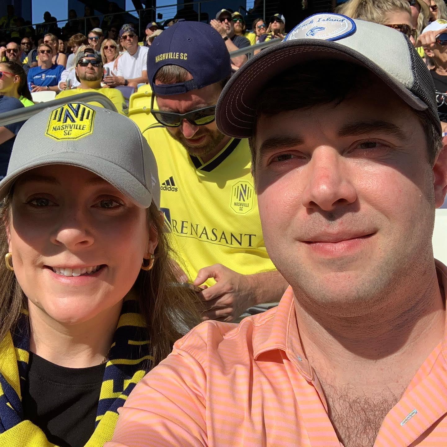 Our first date was a Nashville Soccer Club game at Nissan Stadium. Here's a picture of us at Geodis after it opened.