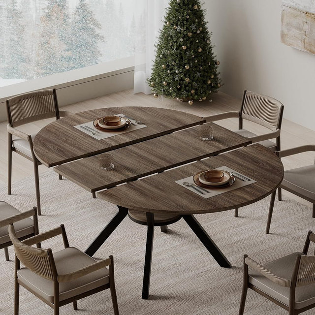 42"-58" Extendable Round Dining Table for 4-6, Kitchen Oval Table with Hidden Leaves & Storage Shelf, Space Saving Modern Design with Sturdy Metal Legs for Kitchen, Dining Room & Small Apartments