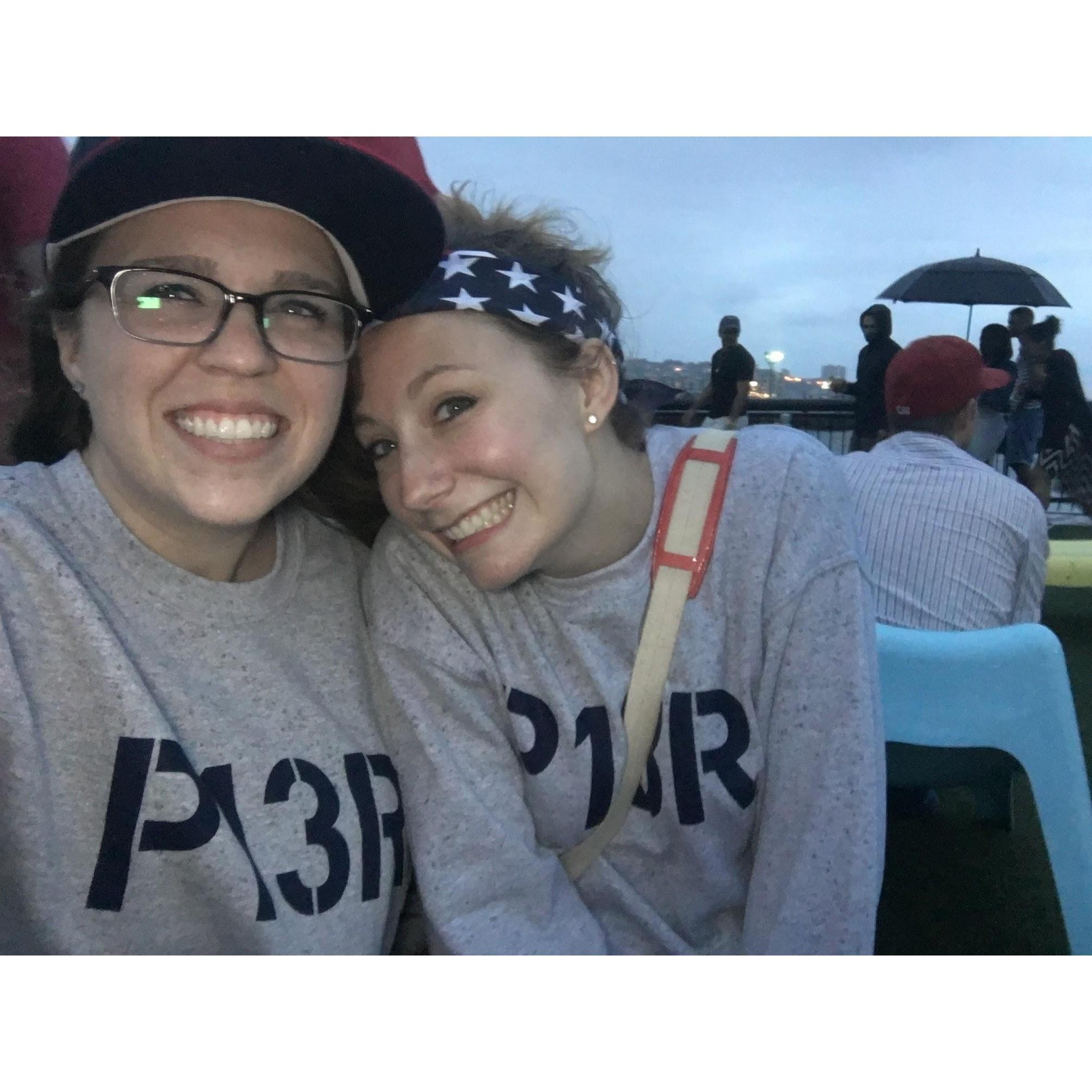 Celebrating July 4th on Pier 13 in Hoboken, but it was so cold and windy that day we had to buy sweatshirts from the merchandise cart!