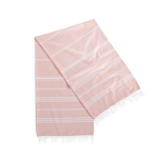 Kuprum Striped Peshtemal Beach Bath Towel, Turkish Cotton Pestemal Fouta Hammam Towel with Fringe Compact Thin Light Absorbent Quick Dry for Travel Spa Sauna Camping Yoga (Pink 51”x67”)