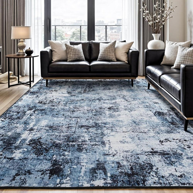 Rugflix 9x12 Area Rugs for Living Room, Washable Large Rug Stain-Resistant Low Pile, Modern Dark Carpet for Dining Room Home Office Kid Room Nursery Bedroom, Navy Blue/Black