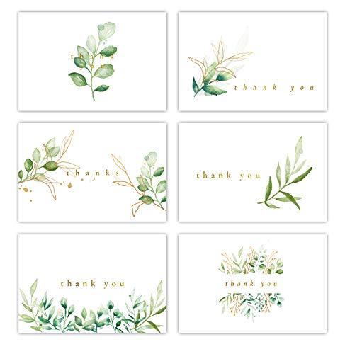 Gooji 4x6 Golden Greenery Thank You Cards (Bulk 36-Pack) Matching Peel-and-Seal White Envelopes | Assorted Set, Watercolor, Faux Gold, Colorful Graphics | Birthday Party, Baby Shower, Weddings