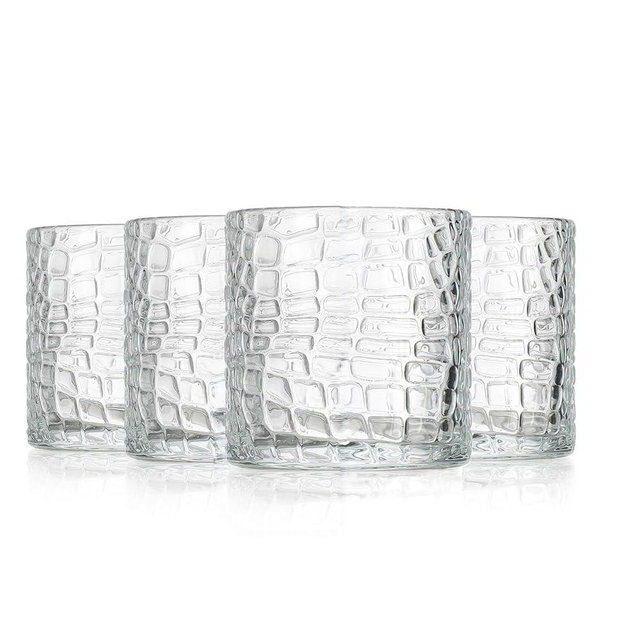 Glaver's DOF Set of 4 Clear 13oz Drinking Glasses Patent Crackle Textured Design Double Old Fashioned Whiskey Glasses Home Everyday Bar Glassware
