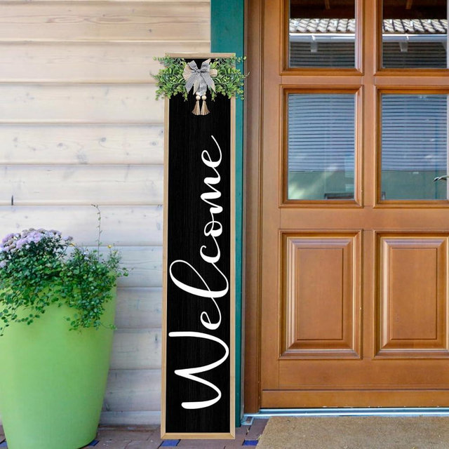 SRSZHIYUE Welcome Cursive Sign for Front Porch Standing 45"X9" Tall Large Vertical Leaner Wood Framed Outdoor Wall Decor (Wood Black)