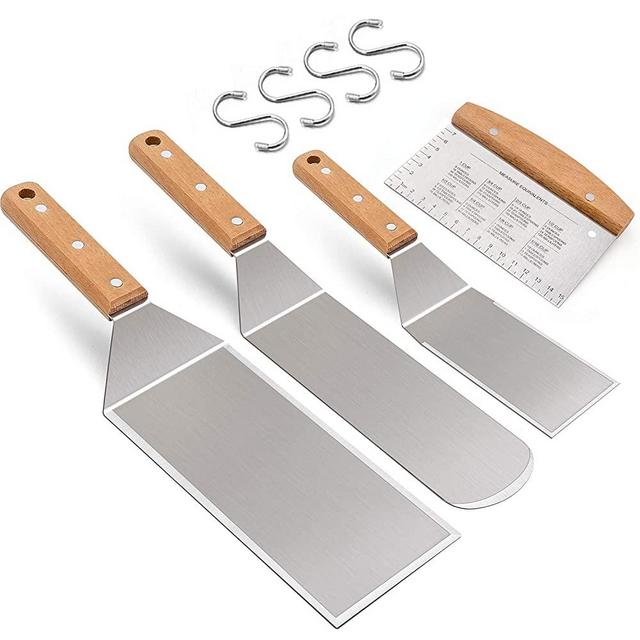Leonyo Wooden Handle Metal Spatula Set of 4, Stainless Steel Griddle Accessories - Grill Spatula Scraper for Flat Top Teppanyaki BBQ Cooking, Man Gift Box, S Hooks & Triple Rivets