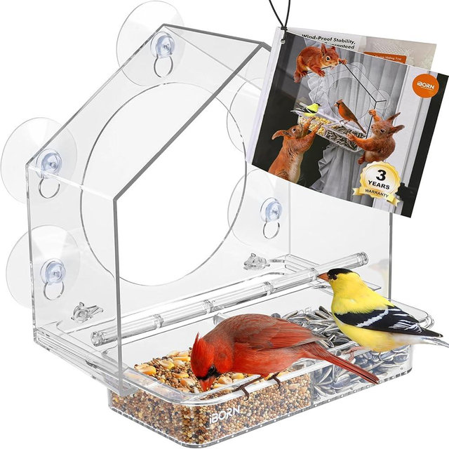iBorn 2026 New Window Bird Feeders for Outdoors Wind-Proof Tray Lock,Cardinal Bird Feeder with Strong Suction Cups for Window Birds Watching, Chewproof PC, for Parent &Child