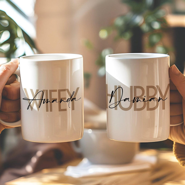 Personalized Wifey Hubby Mug Set, Custom Newly Wed Wedding Gift for Couple, 1st Anniversary Gift for Husband and Wife, Coffee Cup Newly Weds
