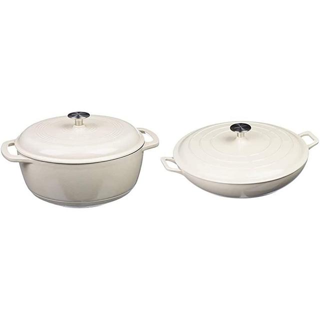 AmazonBasics Enameled Cast Iron Dutch Oven, 7.5-Quart, White & Enameled Cast Iron Covered Casserole Skillet, 3.3-Quart, White