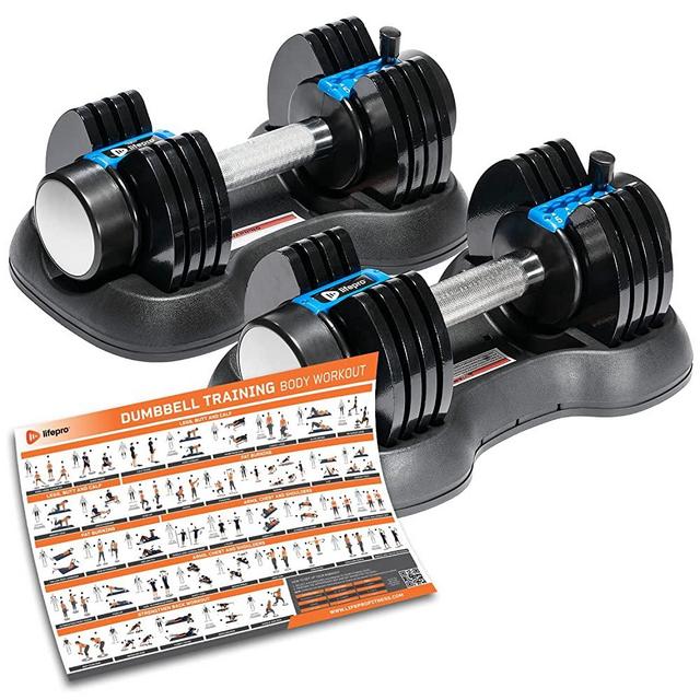 Lifepro Adjustable Dumbbell Set, 5-in-1 Adjustable Free Weights Plates and Rack - Hand Weights for Women and Men - Dumbbell with Adjustable Weights, 5lb, 10lb, 15lb, 20lb, 25lb