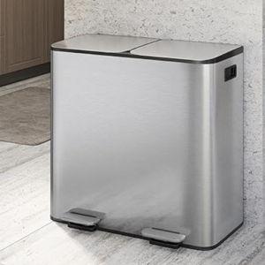 GarveeHome 2 x 10.6 gal Stainless Steel Double Trash Can with Lid for Kitchen, Large Dual Trash and Recycle Bin Combo, Step-on Kitchen Metal Garbage Cans, PP Inner Buckets, Liner Rim, Silver