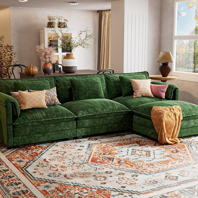 ELUCHANG 113" Modular Sectional Sofa, Comfy Cloud Couch, L Shaped Deep Seat Sofa Couches for Living Room, 4-Seater Modern Sofa with Movable Ottoman, DIY Combination - Chenille Green