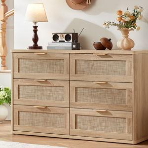 LEYAOYAO Rattan 6 Drawer Dresser for Bedroom, Boho 48" Wide Natural Wood Dresser Chest of Drawers, Dressers TV Stand with Metal Handle, Storage Dressers Closet Organizer for Living Room, Hallway