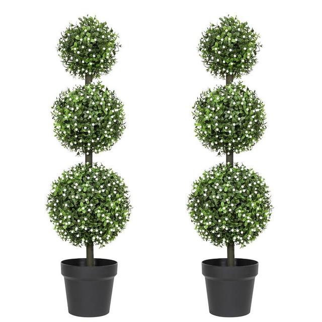 Luyue 3FT Artificial Topiaries 2 Pack Boxwood Ball Tree Front Porch Decor Outdoor Topiary Plant Set of 2 Faux 3 Balls Boxwood Topiary in Pot for Outdoor Front Door Plant Patio and Garden Décor