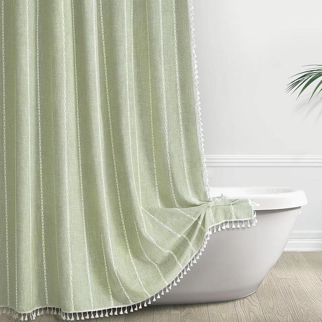 Awellife Sage Green Modern Farmhouse Shower Curtain with Tassels, Country Cottage Bathroom Decor Striped Minimal Boho Chic Texture Linen Bohemian Bathroom Shower Curtain Set with Hooks, 36x72