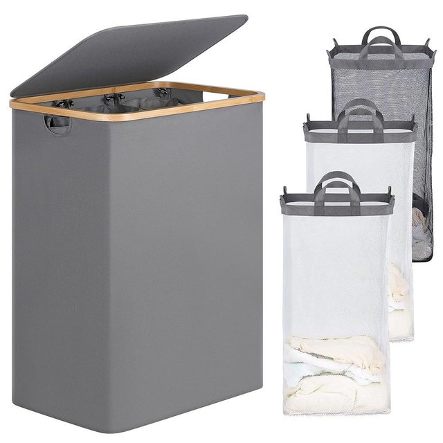 efluky Laundry Hamper with Lid, Trio Laundry Hamper with 3 Removable Bags, 3 Section Laundry Basket with Bamboo Handles for Bathroom, Bedroom & Laundry Room, 160L Silver Grey